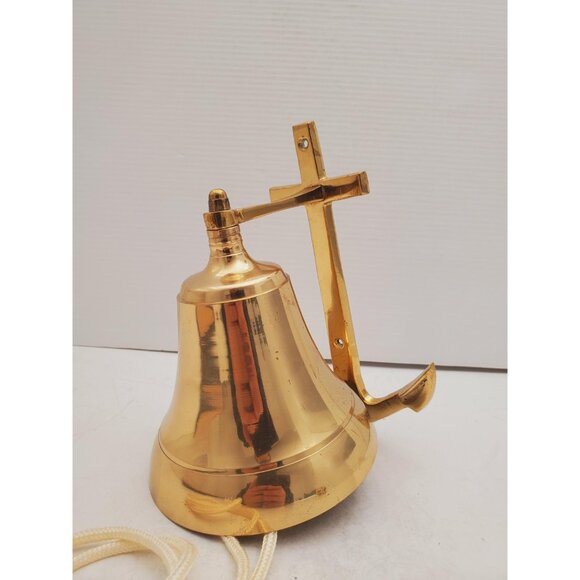Large Vintage Brass Dinner Ship Bell Anchor Wall Mount Decor - Picture 2 of 10